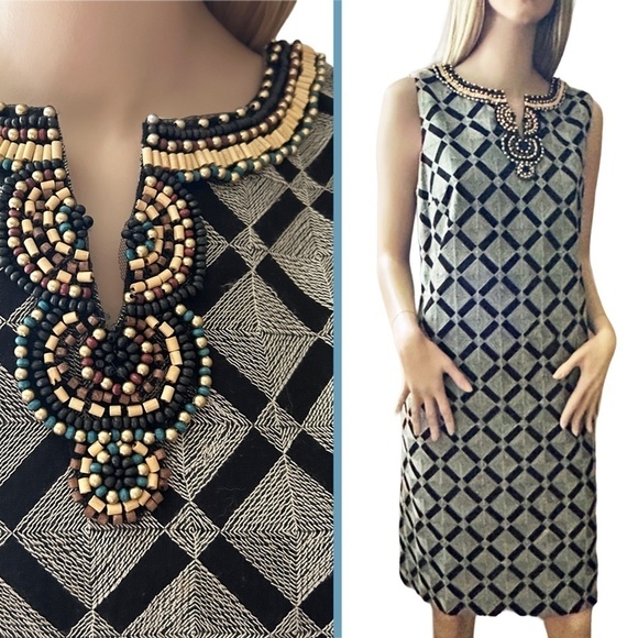 Ellen Tracy Shift Dress Tribal Beaded Boho Woven Geometric Linen Cotton Blend - Picture 12 of 14